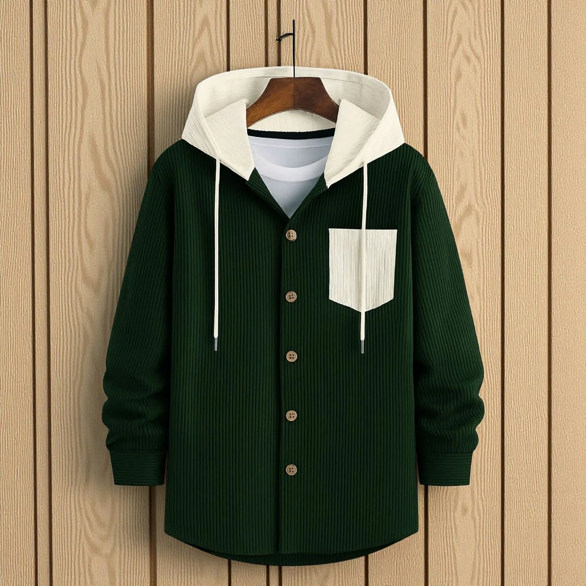 Men’s Cord Hoodie Shirt - Bottle Green