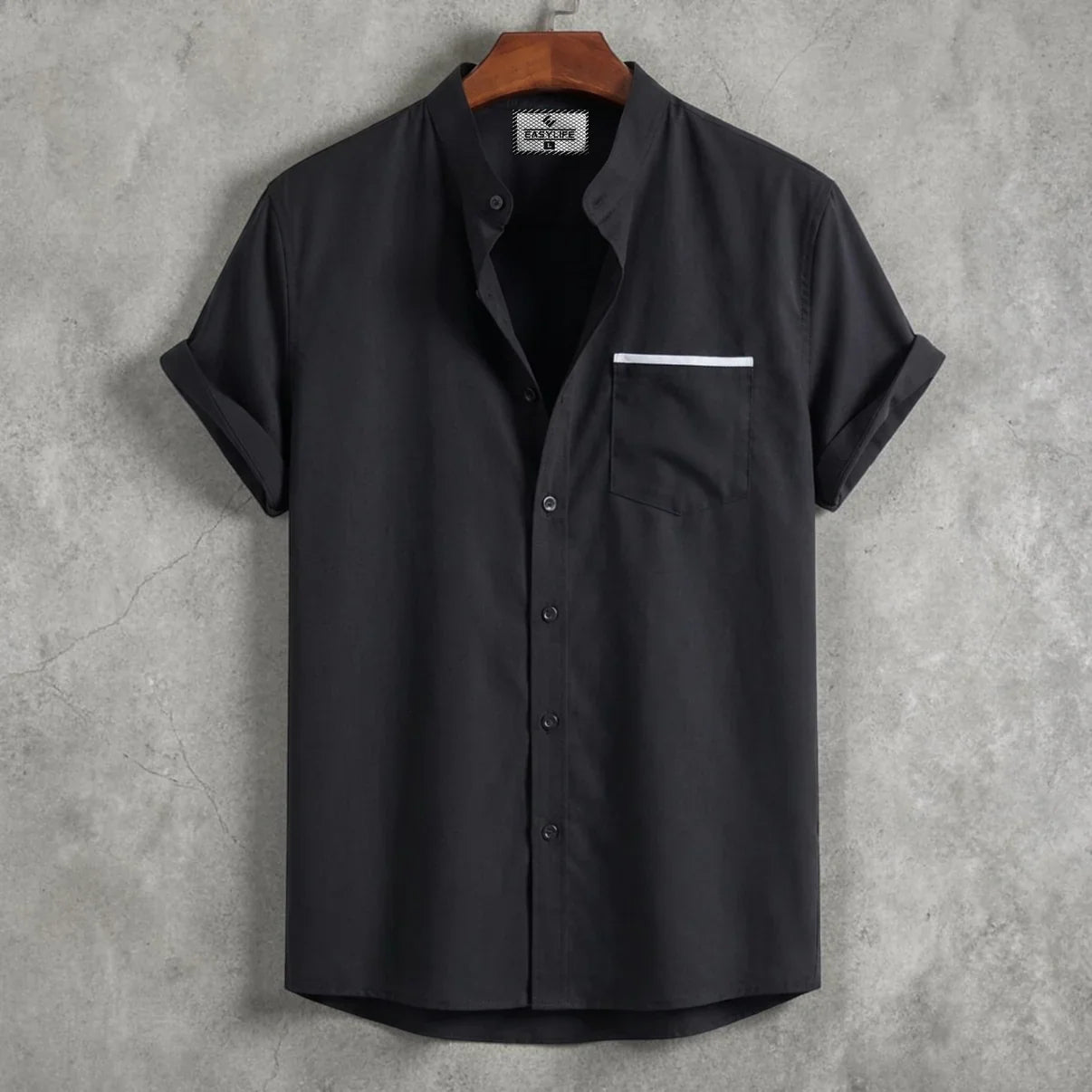 Stripe Pocket Band Collar Shirt