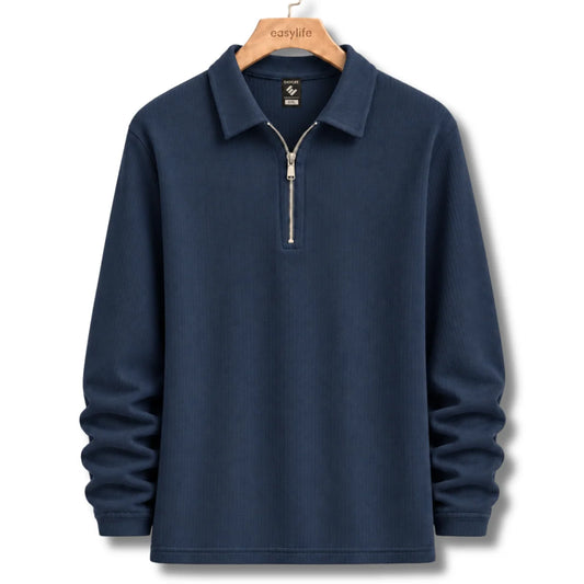 Ribbed Quarter-Zip Polo -  Navy
