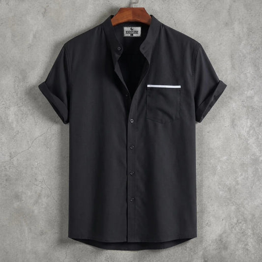 Stripe Pocket Band Collar Shirt - Black