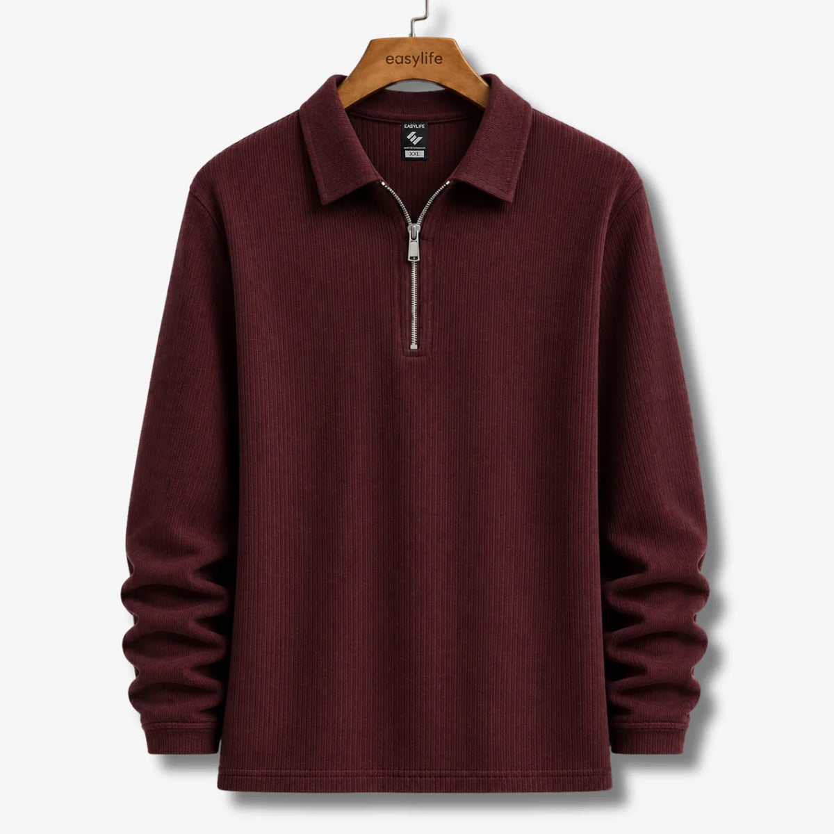 Ribbed Quarter-Zip Polo -  Wine