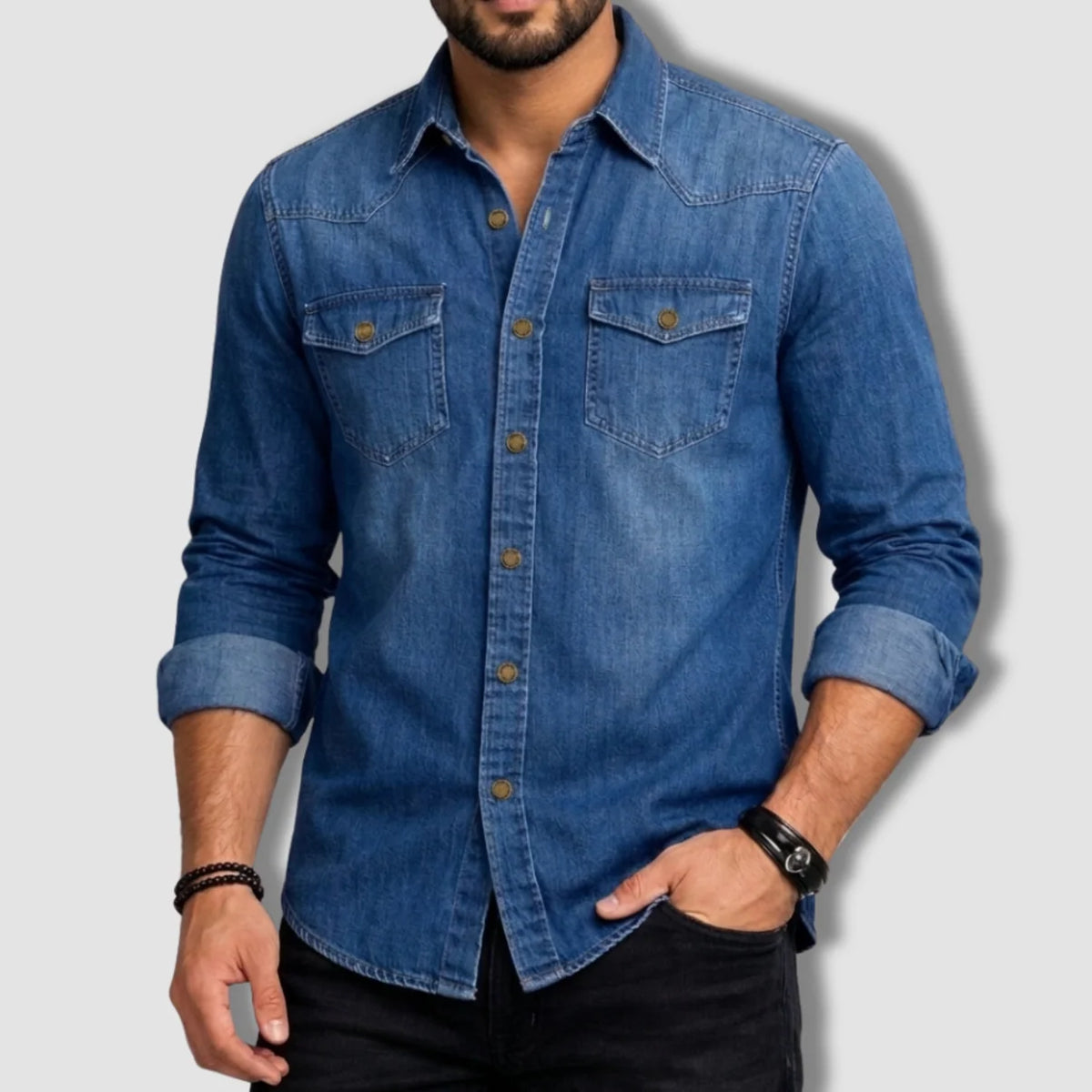 Men's Western Denim Shirt - Jeans Blue