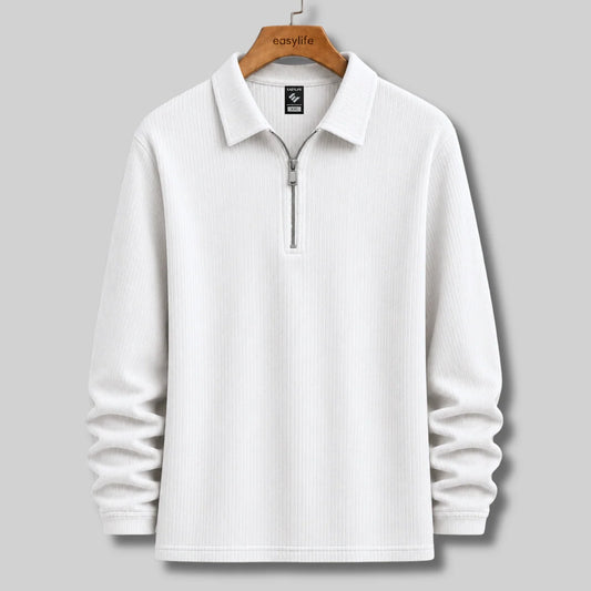 Ribbed Quarter-Zip Polo -  White