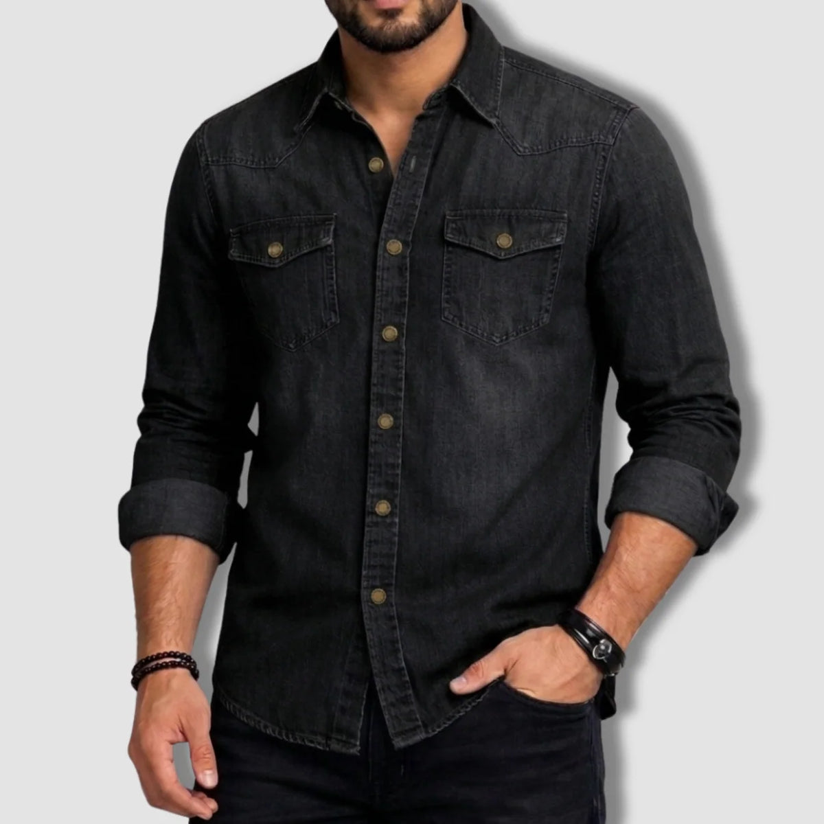 Men's Western Denim Shirt - Black
