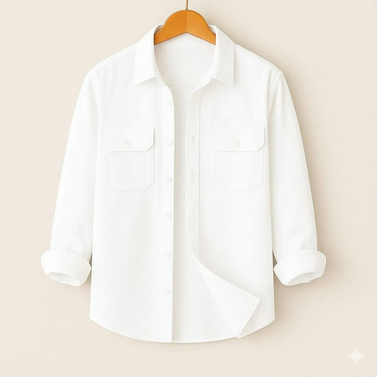 Full Sleeve Two Pocket Cotton Shirt-White