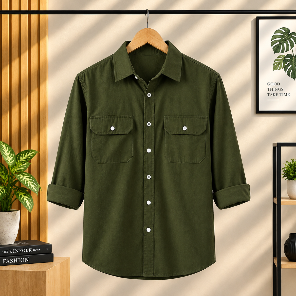 Full Sleeve Two Pocket Shirt- Olive