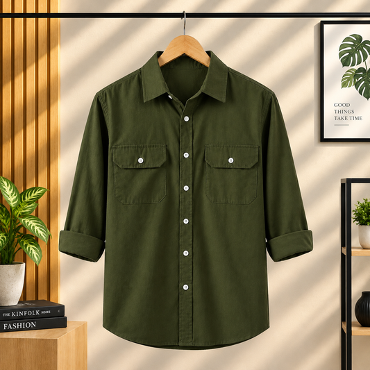 Full Sleeve Two Pocket Shirt- Olive