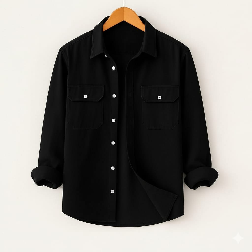 Full Sleeve Two Pocket Cotton Shirt-Black