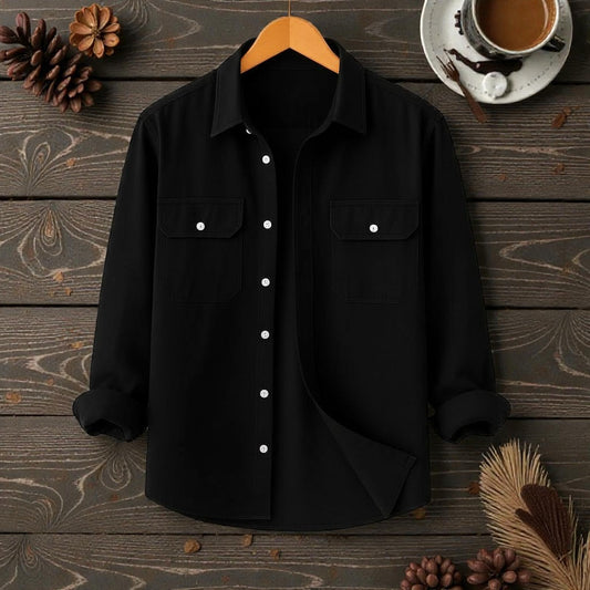 Full Sleeve Two Pocket Cotton Shirt-Black