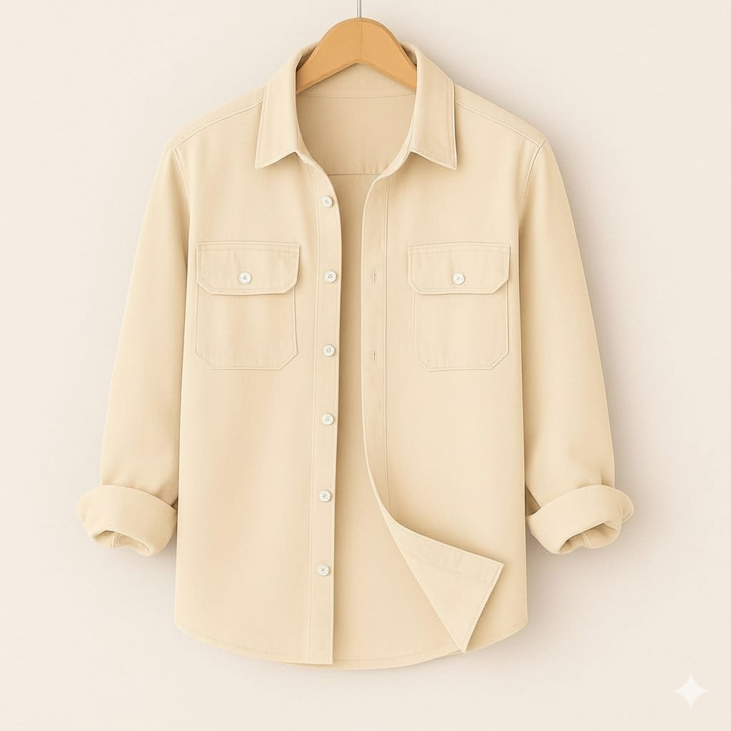 Full Sleeve Two Pocket Cotton Shirt-Cream