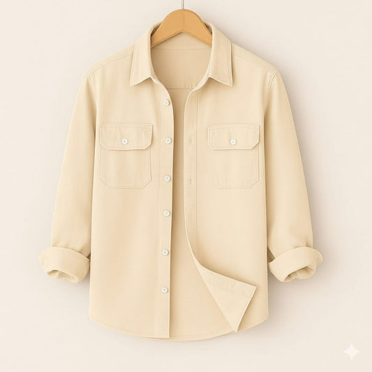 Full Sleeve Two Pocket Cotton Shirt-Cream
