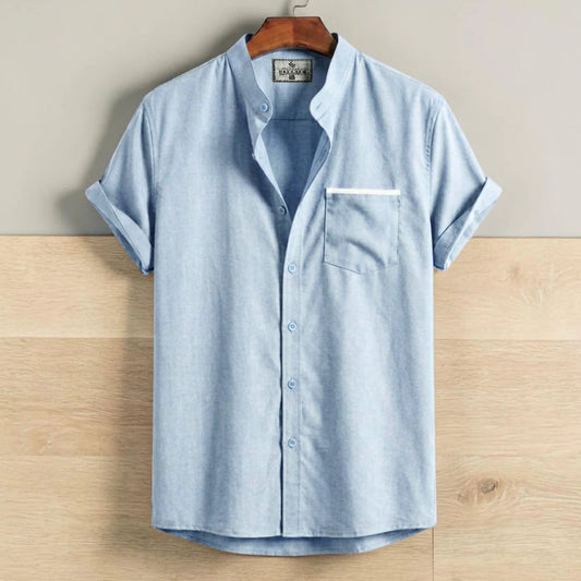 Stripe Pocket Band Collar Shirt - Sky