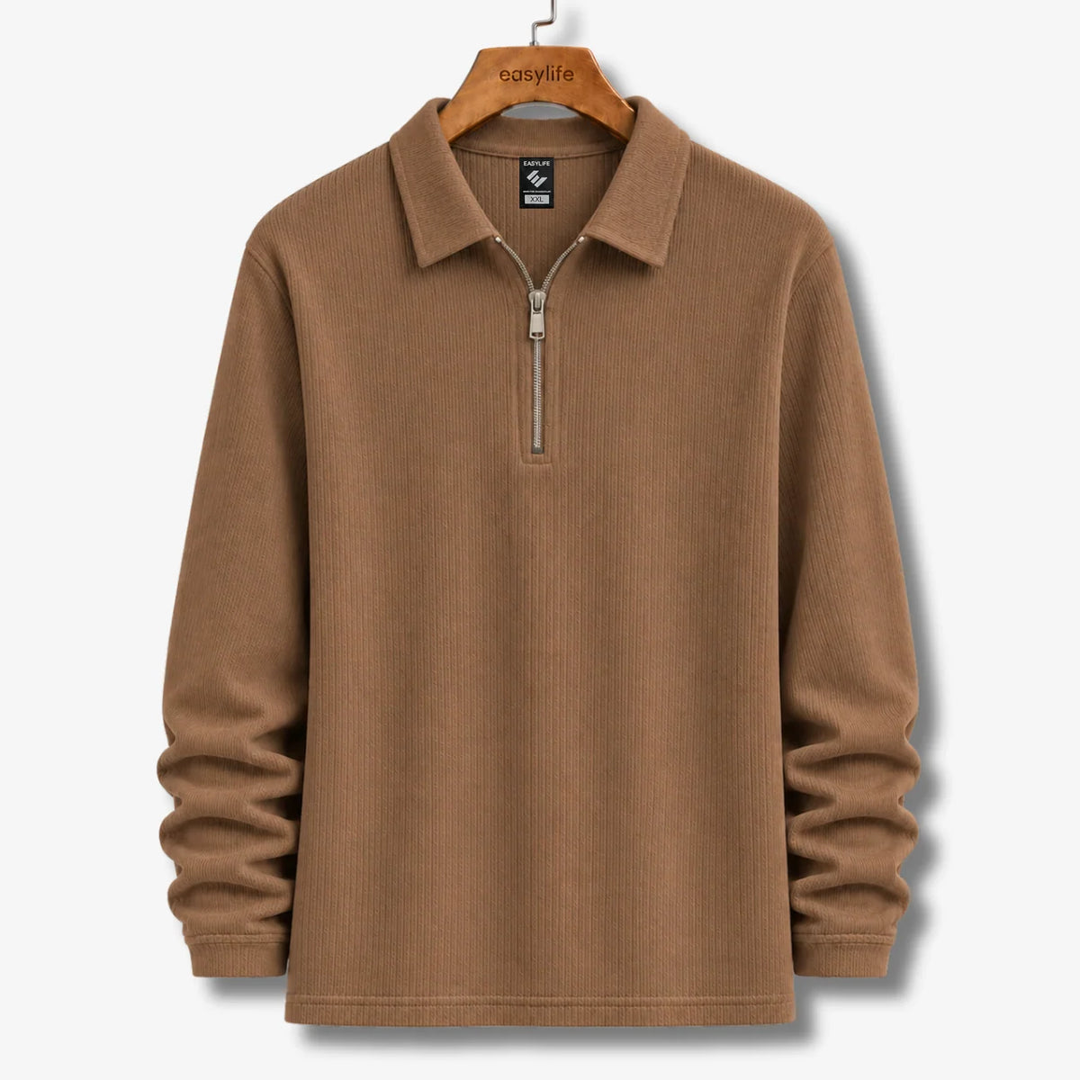 Ribbed Quarter-Zip Polo - Brown