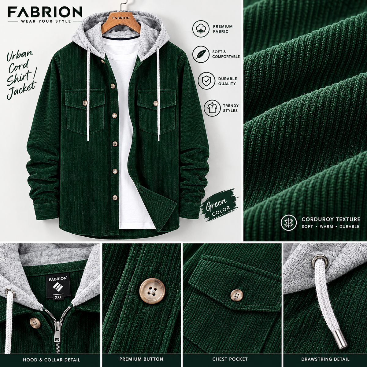 Signature Cord Hoodie - Bottle Green