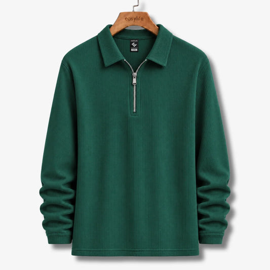 Ribbed Quarter-Zip Polo -  Bottle Green