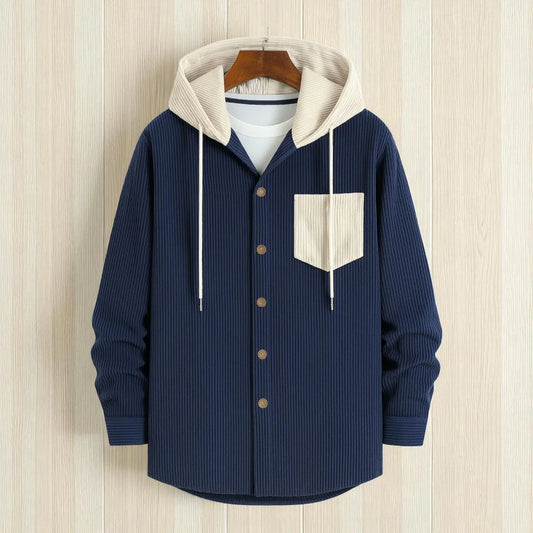 Men’s Cord Hoodie Shirt-Navy blue