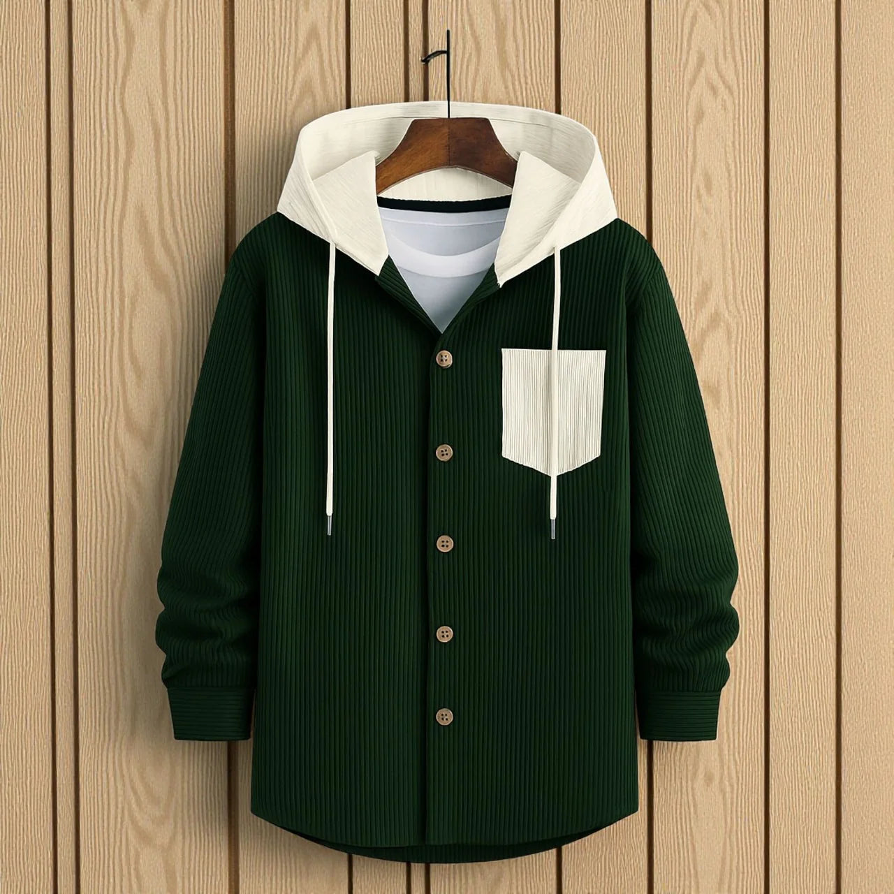 Men’s Cord Hoodie Shirt - Bottle Green