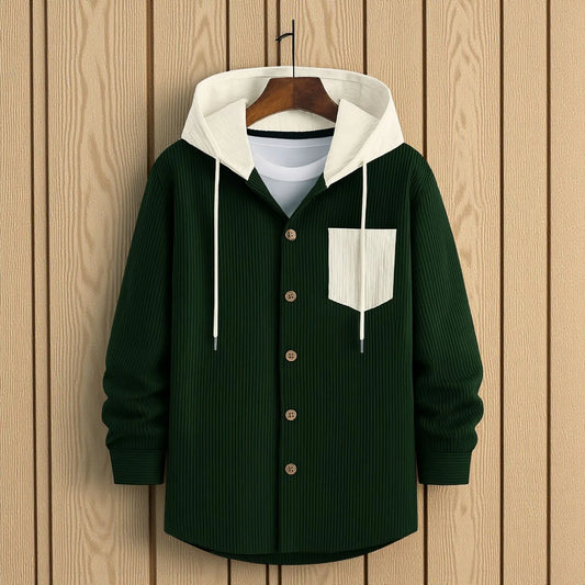Men’s Cord Hoodie Shirt - Bottle Green