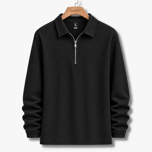 Ribbed Quarter-Zip Polo -  Black