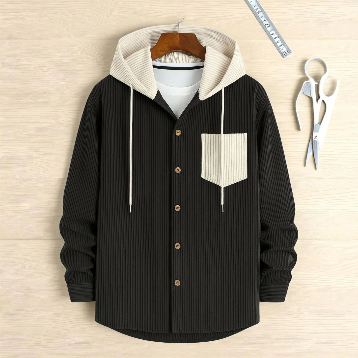 Men’s Cord Hoodie Shirt - Black