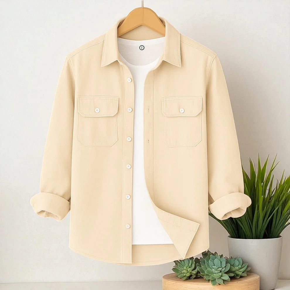 Full Sleeve Two Pocket Cotton Shirt-Cream