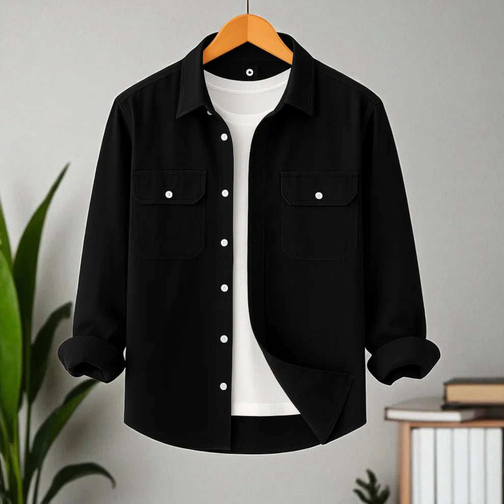Full Sleeve Two Pocket Cotton Shirt-Black