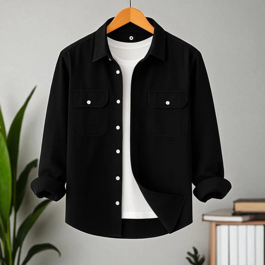 Full Sleeve Two Pocket Cotton Shirt-Black